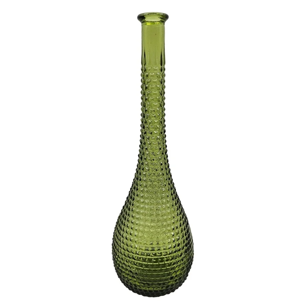 Vintage Mid Century Green Glass Genie Bottle Decanter Hobnail 15.5